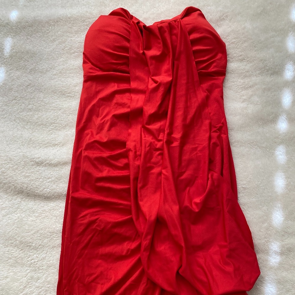 Orange red strapless drape clubbing dress